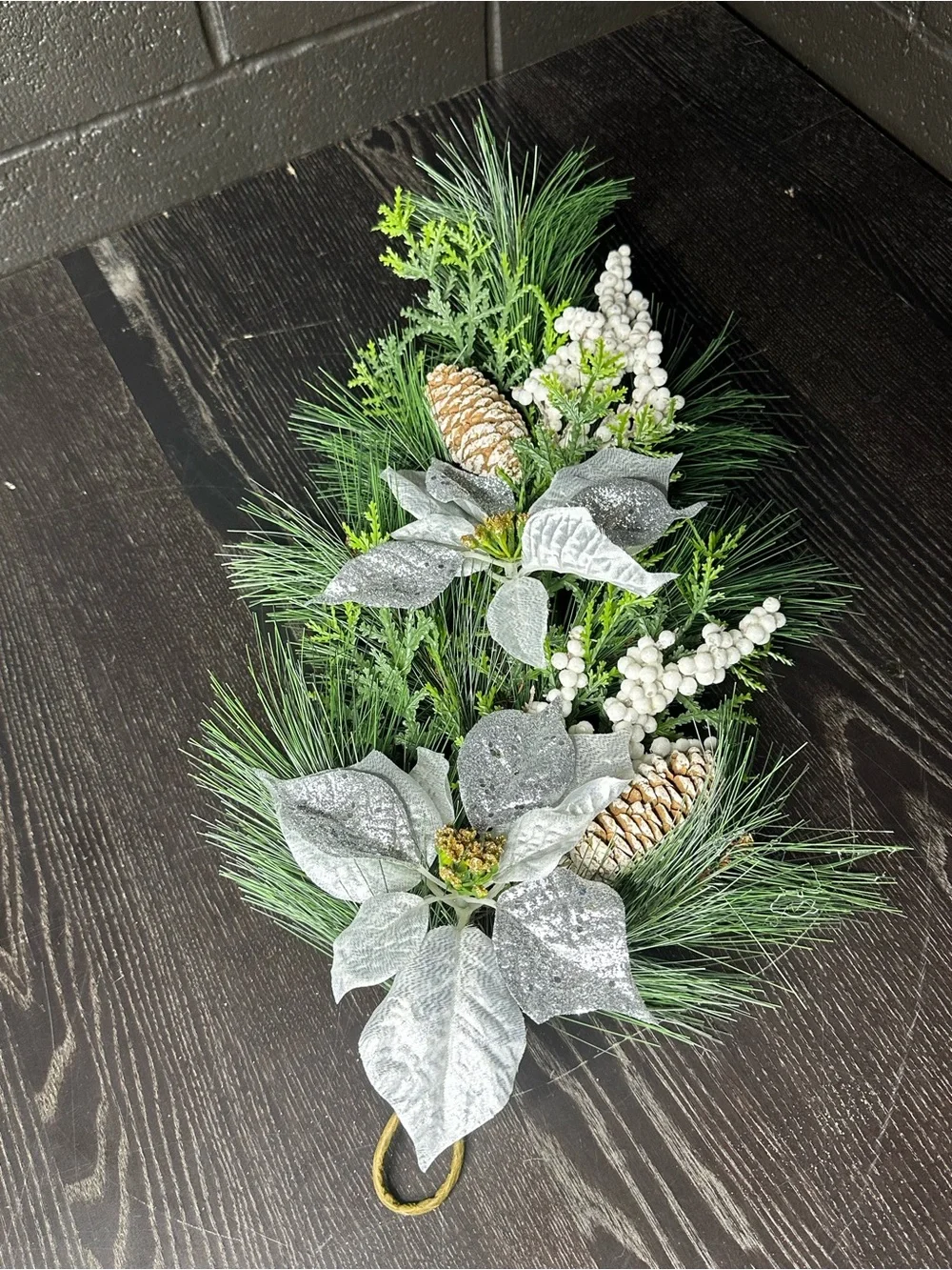 Holiday Pine Garland with Silver Poinsettias - Pinecone Accent - 23x13